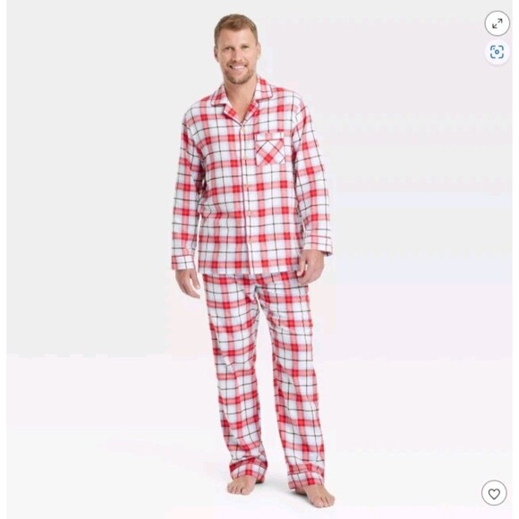 Men's White Plaid Flannel 2 Piece Pajama Set Wondershop Size L - Picture 2 of 6
